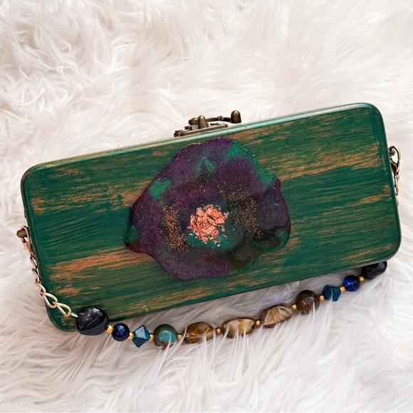 Unique Handcrafted Green and Purple Wooden Clutch